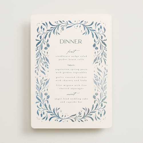 This is a delft blue menu cards with standard by Ashley DeMeyere called porcelain printing on signature in 5x7