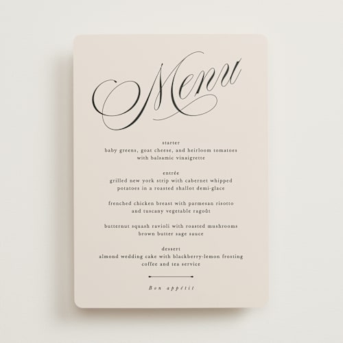 This is a linen menu cards with standard by Kate Ahn called mirin printing on signature in 5x7