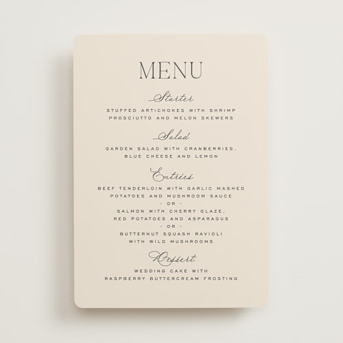 This is a creme menu cards with standard by Carly Reed Walker called tendu printing on signature in 5x7