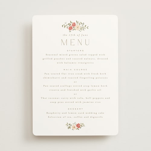 This is a pomegranate menu cards with standard by Everett Paper Goods called roses crest printing on signature in 5x7