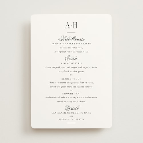 This is a tuxedo menu cards with standard by Megan Davis called hepburn printing on signature in standard