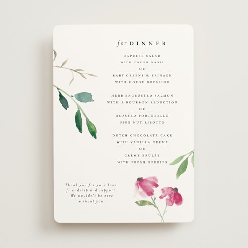 This is a pink floral menu cards with standard by Mere Paper called spring wildflowers printing on signature in standard