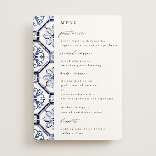 This is a azure menu cards with standard by Anastasia Makarova called watercolor azulejo printing on signature in standard