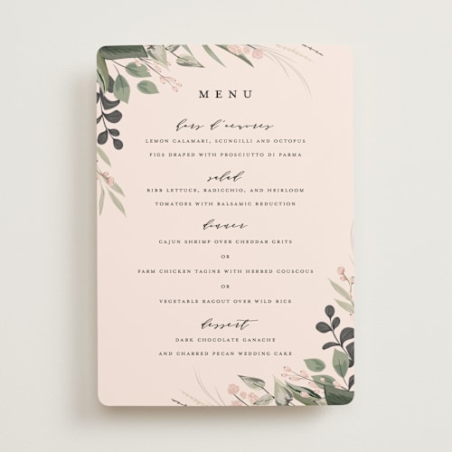 This is a blush menu cards with standard by Susan Moyal called ivory ring printing on signature in standard