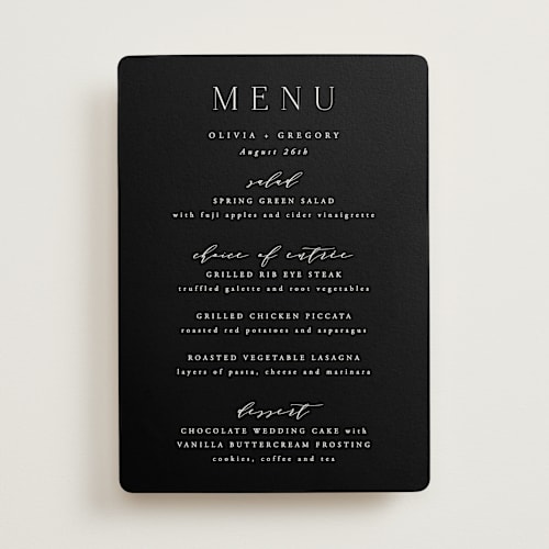 This is a lily menu cards with standard by Hooray Creative called classy type printing on signature in 5x7