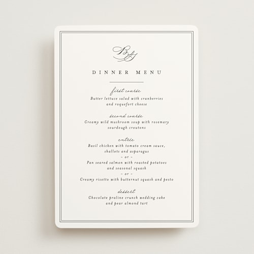 This is a noir menu cards with standard by Amy Kross called overlapping printing on signature in 5x7