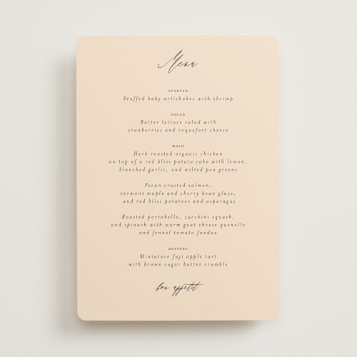 This is a mocha menu cards with standard by Benita Crandall called un mariage photographique printing on signature in standard