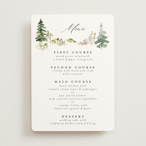 This is a forest menu cards with standard by Petra Kern called great outdoors printing on signature in standard