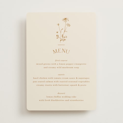This is a cream menu cards with standard by Baumbirdy called floral type arch printing on signature in standard