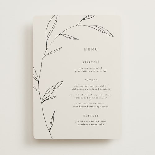 This is a taupe menu cards with standard by Kelly Schmidt called waldorf printing on signature in standard