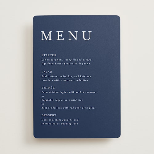 This is a indigo menu cards with standard by Angela Marzuki called brushstrokes in bloom printing on signature in standard