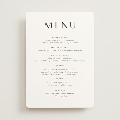 This is a onyx menu cards with standard by Emily Betts called modern classic names printing on signature in standard