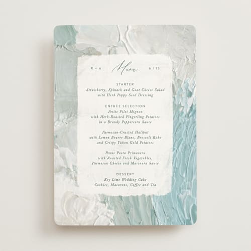 This is a aqua menu cards with standard by Hooray Creative called tidal wave printing on signature in standard