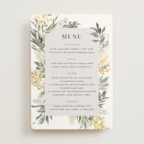 This is a dandelion menu cards with standard by Everett Paper Goods called mimosa printing on signature in standard
