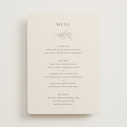 This is a eggshell menu cards with standard by Robert and Stella called etched frame printing on signature in standard