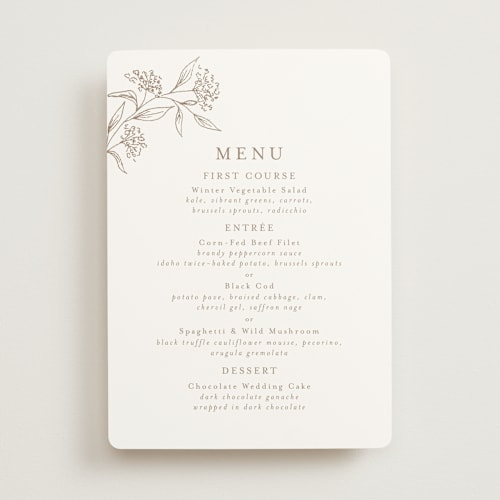 This is a taupe menu cards with standard by Chris Griffith called monogrammed printing on signature in standard