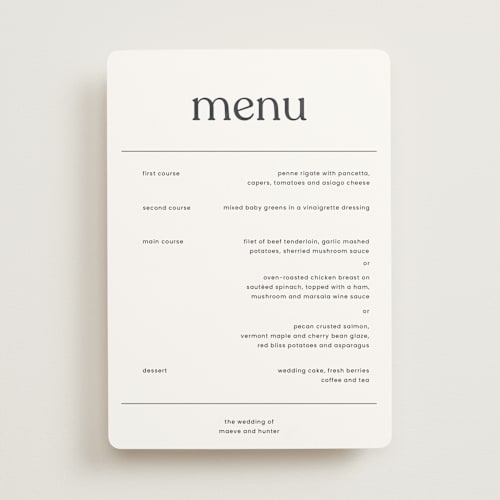 This is a charcoal menu cards with standard by Blustery August called memo printing on signature in standard