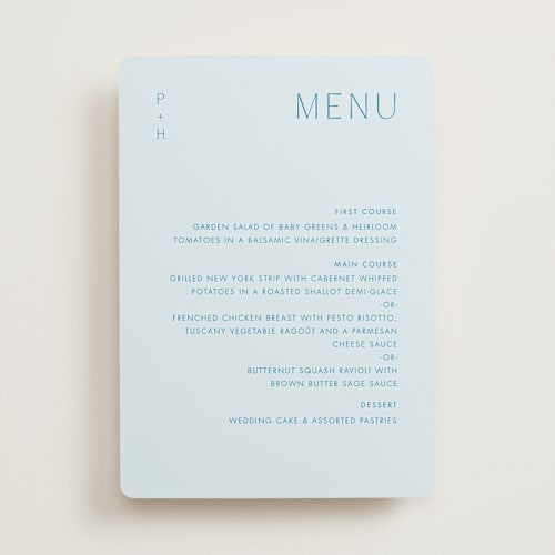 This is a capri menu cards with standard by Blustery August called juniper printing on signature in standard
