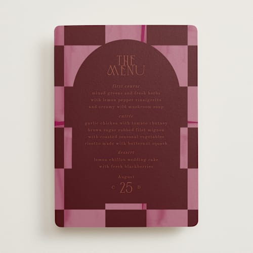 This is a scarlet menu cards with standard by Baumbirdy called checker wash printing on signature in standard