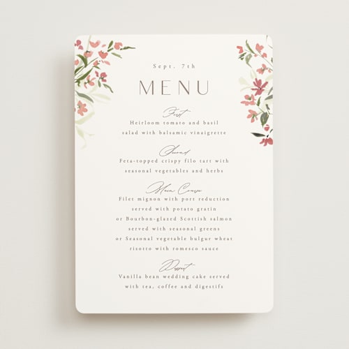 This is a garnet menu cards with standard by Everett Paper Goods called fleur printing on signature in 5x7
