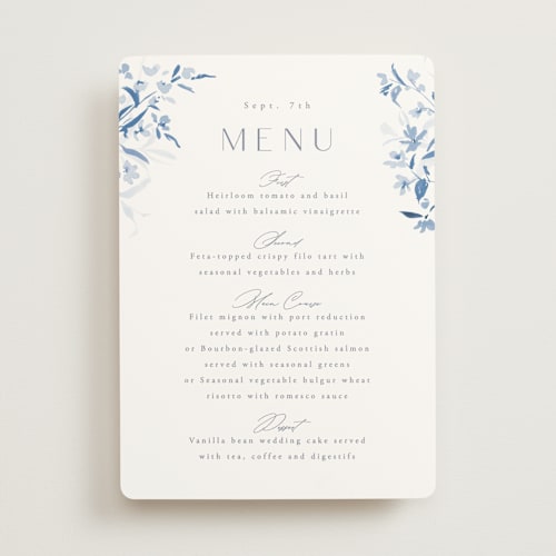 This is a cobalt menu cards with standard by Everett Paper Goods called fleur printing on signature in 5x7