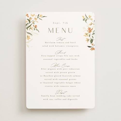 This is a citrine menu cards with standard by Everett Paper Goods called fleur printing on signature in 5x7