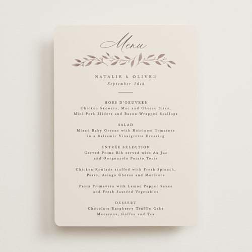 This is a ecru menu cards with standard by Hooray Creative called delicate monogram printing on signature in standard