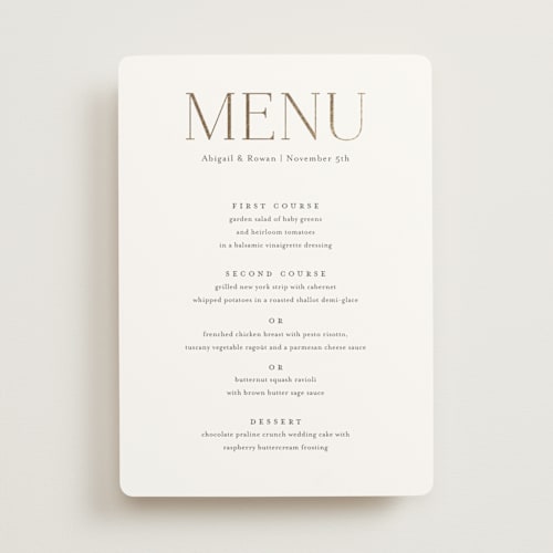 This is a chantilly menu cards with foil pressed by Jessica Williams called initialed printing on signature in standard