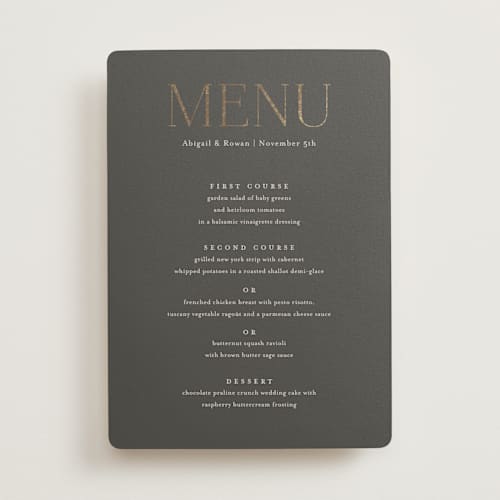 This is a charcoal menu cards with foil pressed by Jessica Williams called initialed printing on signature in standard