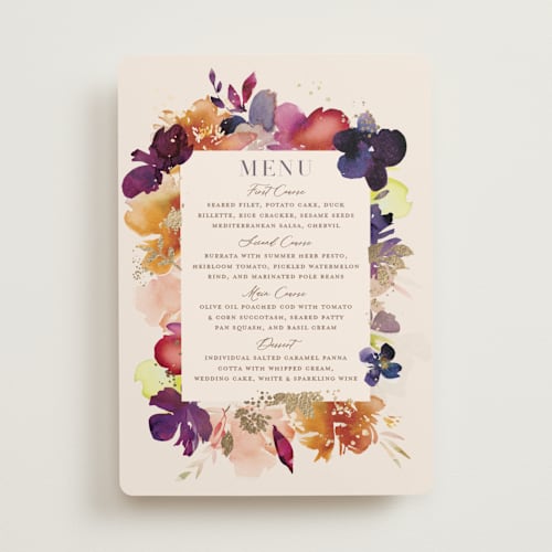 This is a cream menu cards with foil pressed by Lori Wemple called bouquet printing on signature in standard