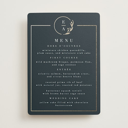 This is a midnight menu cards with foil pressed by Ana de Sousa called for eternity printing on signature in standard