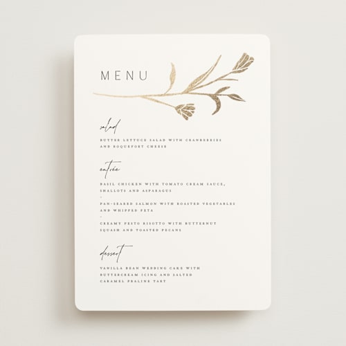 This is a cotton menu cards with foil pressed by Amy Kross called perennial printing on signature in 5x7