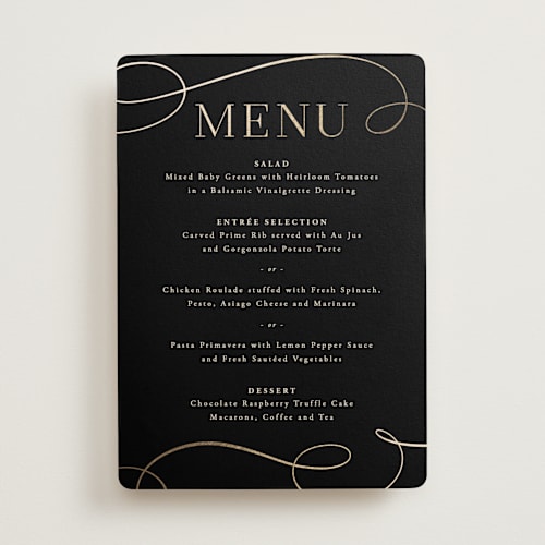 This is a onyx menu cards with foil pressed by Hooray Creative called black tie affair printing on signature in 5x7