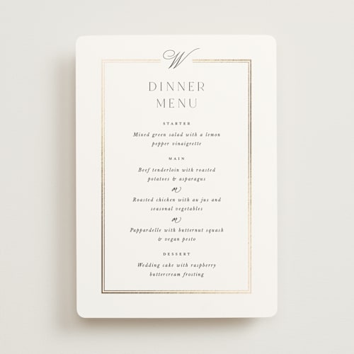 This is a pearl menu cards with foil pressed by Leah Bisch called elegant type printing on signature in 5x7