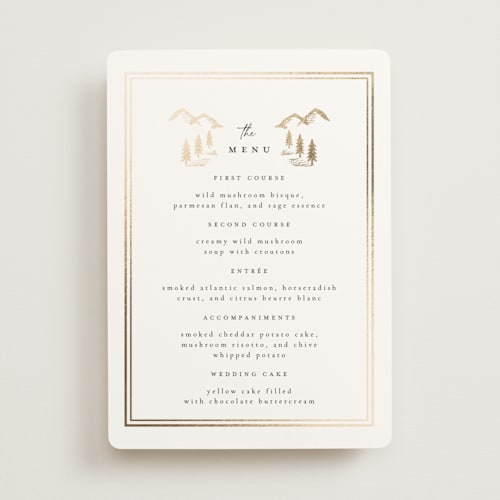 This is a quartz menu cards with foil pressed by Ana de Sousa called summit serenity printing on signature in 5x7