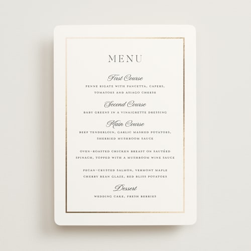 This is a pearl menu cards with foil pressed by Stacey Meacham called opulence printing on signature in 5x7