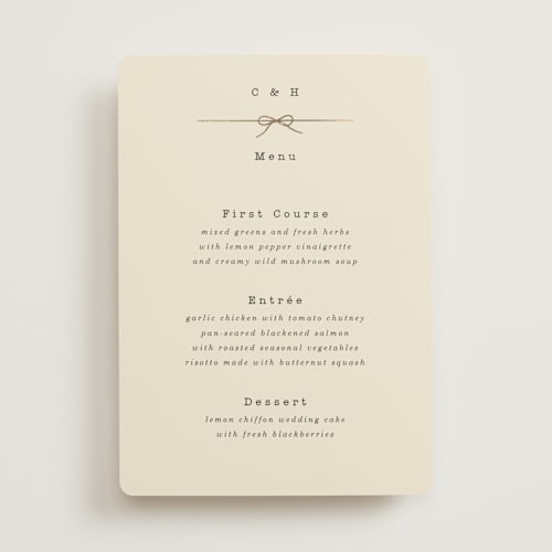 This is a ivory menu cards with foil pressed by Baumbirdy called bow tie printing on signature in 5x7