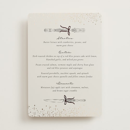 This is a noir menu cards with foil pressed by Jackie Crawford called hand illustrated whimsical chandelier printing on signature in 5x7