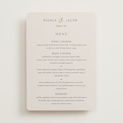 This is a ivory menu cards with foil pressed by Angela Thompson called eloquent printing on signature in 5x7