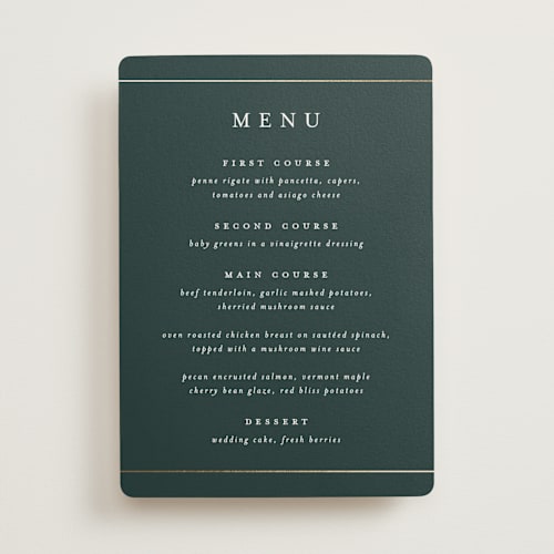 This is a forest menu cards with foil pressed by Stacey Meacham called style and grace printing on signature in 5x7