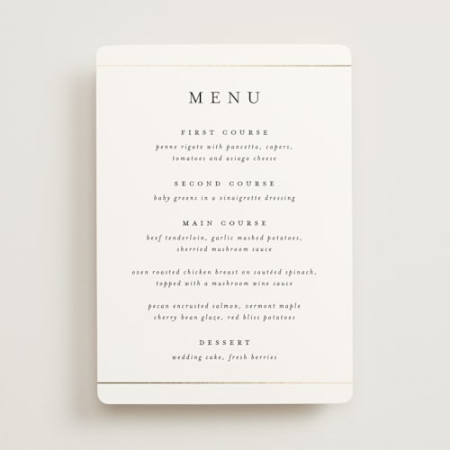 This is a pristine menu cards with foil pressed by Stacey Meacham called style and grace printing on signature in 5x7