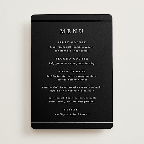 This is a evening menu cards with foil pressed by Stacey Meacham called style and grace printing on signature in 5x7