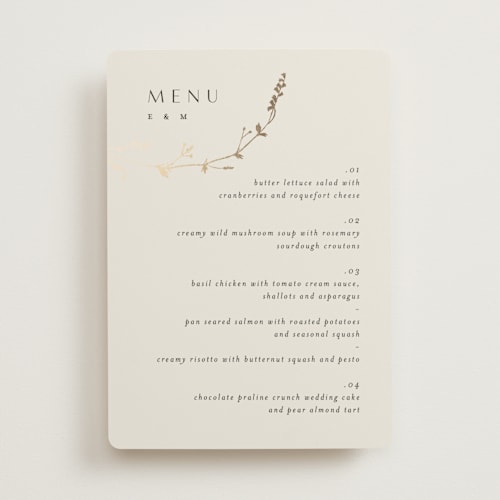 This is a cotton menu cards with foil pressed by Amy Kross called vine wrap printing on signature in 5x7