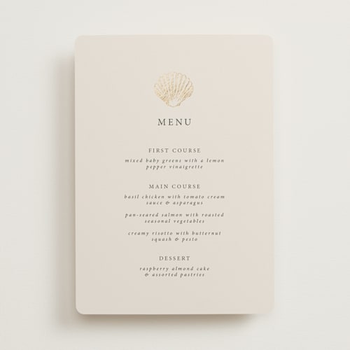 This is a sand menu cards with foil pressed by Hannah Bowman called simple seashell printing on signature in 5x7