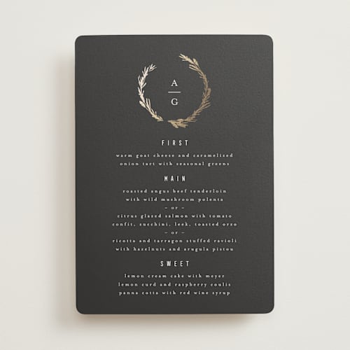 This is a onyx menu cards with foil pressed by Kristie Kern called panache printing on signature in standard