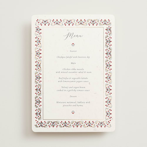 This is a scarlet menu cards with foil pressed by Sabrin Deirani called islamic arch printing on signature in standard