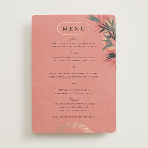 This is a coral menu cards with foil pressed by Julie Hebert called birds of paradise printing on signature in standard
