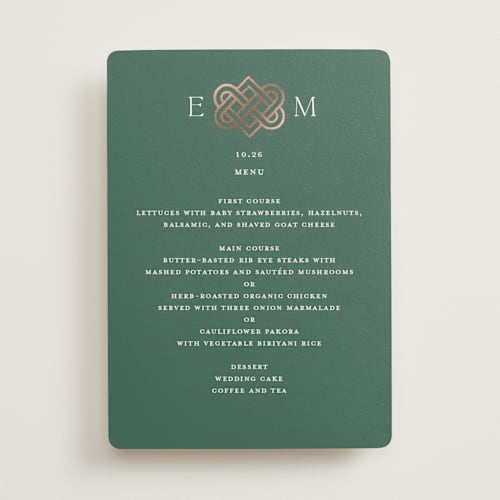 This is a clover menu cards with foil pressed by Kerry Doyle called celtic love knot printing on signature in standard