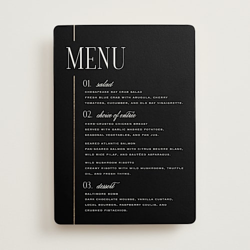 This is a silk menu cards with foil pressed by Laura Hankins called linear printing on signature in 5x7