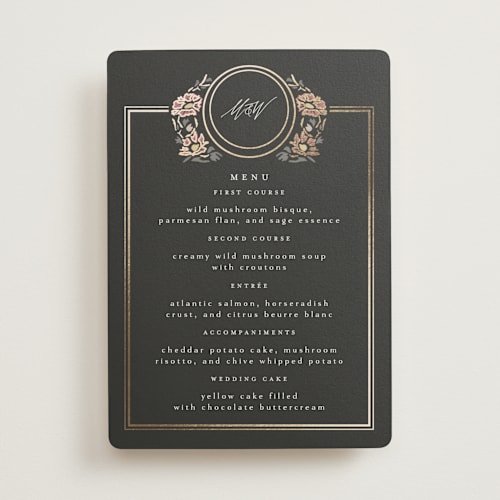 This is a ebony menu cards with foil pressed by Ana de Sousa called timeless nature printing on signature in 5x7